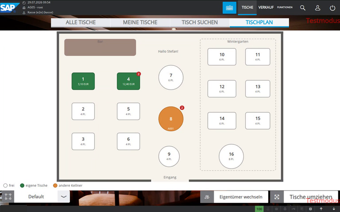 The table plan plugin inside SAP Customer Checkout: a floor plan with live table status instead of a tile list