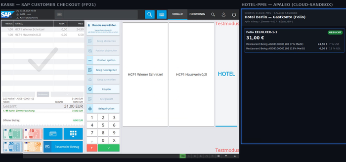 Left: the till with a room charge payment method. Right: the charge arriving on the guest folio in the hotel PMS a few seconds later