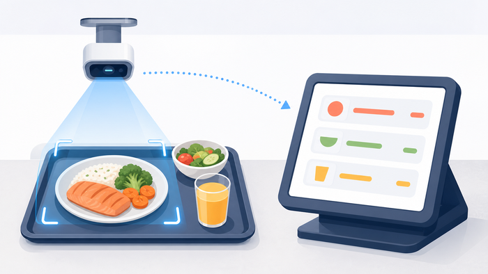 A camera recognises the dishes on the tray; the plugin books them onto the receipt in the background
