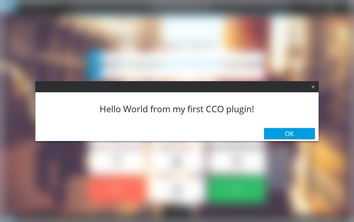 SAP Customer Checkout, cloud edition: a message box "Hello World from my first CCO plugin!" over the login screen